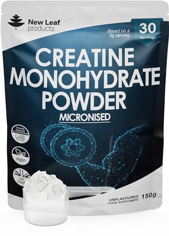 Creatine Monohydrate Powder 100% Pure Micronized Creatine - 150g Increased Absorption & Mixing, Creatine Powder for Physical Performance + Scoop Pre Post Workout Gym Supplements UK Made by New Leaf