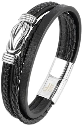 Mens Leather Bracelet 21cm – Genuine Braided Leather Wristband with Stainless Steel Clasp, Fashion Jewelry Gift for Men, Boyfriend, Husband, Dad