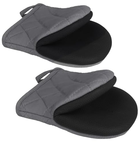 1 Pair Short Oven Mitts - Silicone Kitchen Oven Gloves High Heat Resistant 500℉, Mini Oven Mits with Non-Slip Grip Surfaces and Hanging Loop for BBQ, Baking, Cooking and Grilling (Solid Gray)