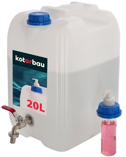 KOTARBAU Bidon d'eau avec robinet - 20 l - Réservoir d'eau avec distributeur de savon - Blanc - Réservoir d'eau avec pompe - Bidon d'eau potable - Bidon en plastique - Réservoir d'eau pour camping et
