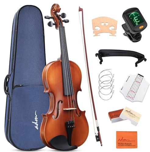 ADM Set violino in legno 1/4 per bambini, adolescenti, studenti, adulti, principianti, violino acustico opaco, kit con custodia rigida, colofonia, spalliera, arco, accordatore a clip e adesivo per