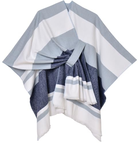Shmily Girl Poncho Femme Tricot Cape Réversible Couverture Elégante Epaule Chaude Echarpe Tricotée Manteau pour Printemps Automne (Bleu Marine Bleu Clair)