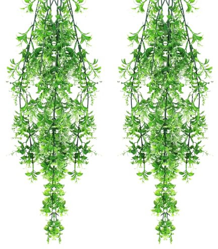 Kunstpflanze Künstliche Pflanzen Hängend Kunstpflanzen Wie Echt Outdoor Wetterfest 2 STK Kunstblumen Balkon Hängepflanzen Plastik Hängepflanze Künstlich Blumen Balkonpflanzen für Deko (Weiß)