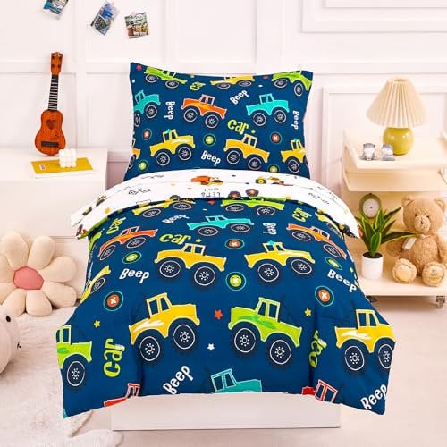 PERFEMET Kleinkind-Bettwäsche-Set, marineblau, Auto-Druck, 4-teiliges Kleinkind-Bettwäsche-Set für Jungen, weiches wendbares Kinderbett-Set, flauschiges Kleinkind-Jungenbett in einer Tasche (blaues