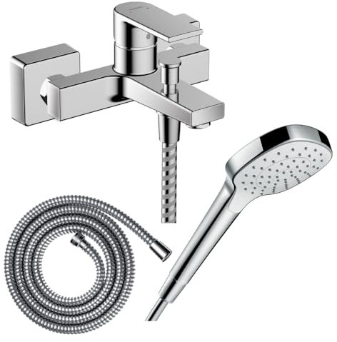 Hansgrohe Pack mitigeur Bain Douche mécanique Vernis Shape C2 + Flexible Metaflex + Pommeau Croma Select E EcoSmart Blanc/chromé
