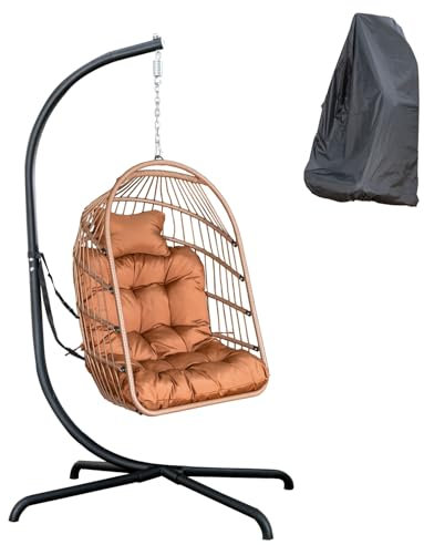 Mojia Outdoor Egg Hammock Chair With Stand, Patio PE Wicker Hanging Chair With UV Resistant Cushion and Cover for Garden, Backyards, Poolside, Bedrooms, 190KG Weight Capacity (Brown)