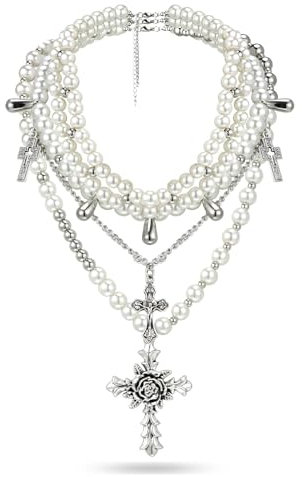 Cosmeria Gothic Cross Pearl Stacked Necklace, Goth Punk Statement Kette, Multilayer Vintage Necklace for Women (Silver)