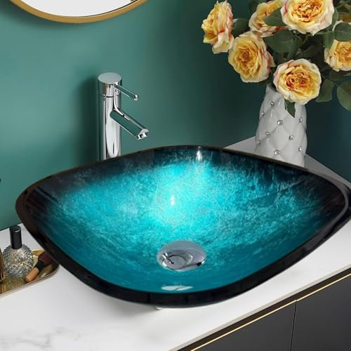 BELOFAY Modern Design Bathroom Counter Top Wash Basin Sink, Glass Bowl Cloakroom Basin for Vanity Cabinet Toilets and Bathrooms 42x14x42cm WxHxL (Blue, 42x14x42 cm)