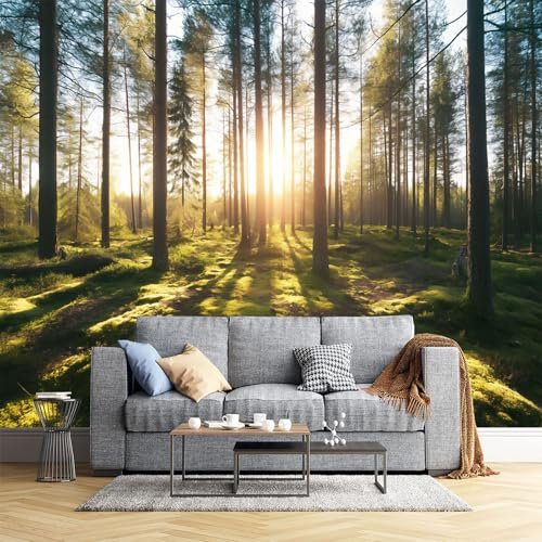 JEDTAKCT 300X210Cm Seidetapete Sonniger Waldtapete Elegance Tapete Im Grüner Wald Design Tapete Wandtapete Wohnzimmer Schlafzimmer Flur Strukturtapete
