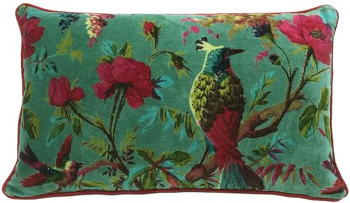Eyes of India Kissenbezug, Samt, Grün, Blume, Vogel, Sofakissen, Couch, bunt, Boho-Chic, Bohemian-Akzent, indisch, handgefertigt