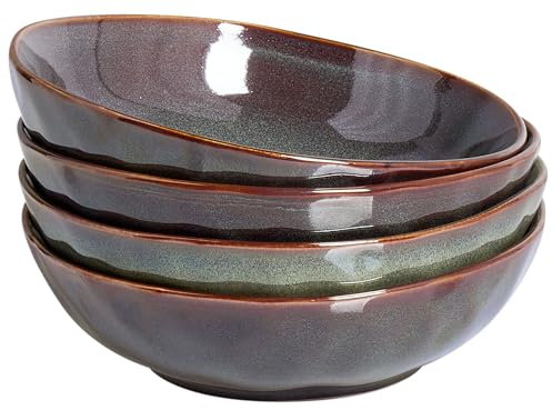 Set de 4 Assiettes Creuses en Grès Bols Pâtes Artisanal Finition Émail Fait Main Vert Foncé Thyme