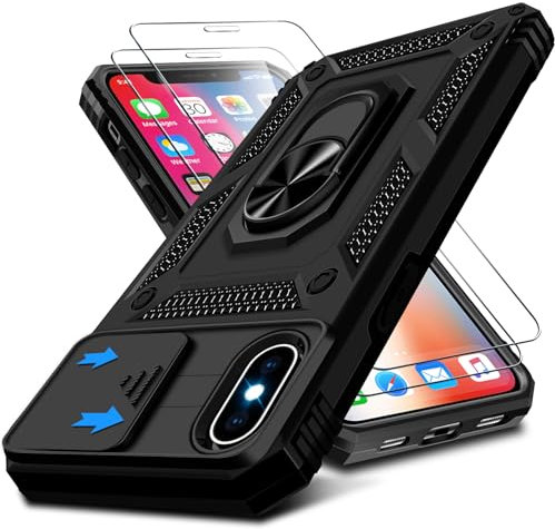 Kameraschutz Handyhülle für iPhone X/XS Hülle mit iPhone X/XS Schutzfolie*2, 360 Grad Magnet Metall Ring Halter für iPhone XS Handytasche Case Militär Stoßfest Schutzhülle für iPhone X 5,8 (Schwarz)