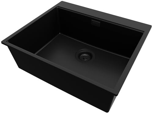 PRIMAGRAN Spülbecken Alles Schwarz 58x50cm, Granitspüle 1 Becken + Ablauf-Set, Küchenspüle ab 60er Unterschrank - Oslo S257