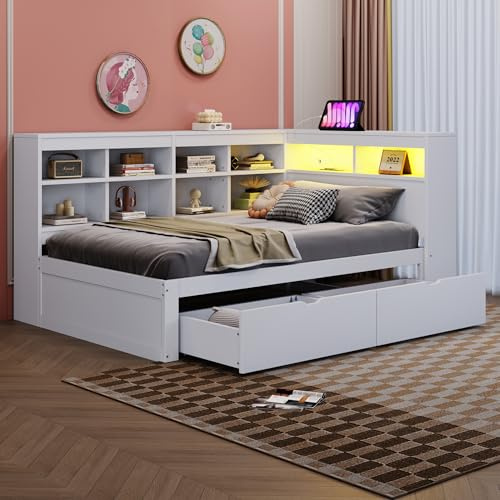 ANIROY Schlafsofa 90x200 cm, Stauraumbett, Massivholzsofa, Einzelbett mit USB und LED, Sofabett Daybett Tagesbett mit Ablagefächern, Multifunktionales Einzelholzbett mit Regalen und Stauraum