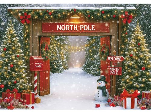 Fluzimir Christmas Photography Backdrop 7x5ft – Rustic Snowy Forest Barn Door with Xmas Tree, North Pole Winter Scene Fabric Photo Background for Family Party, Baby Holiday Photos
