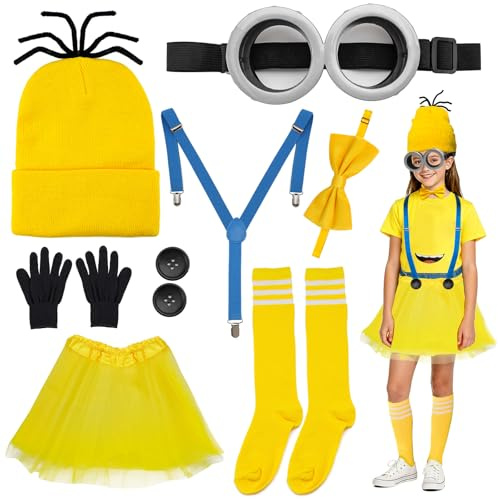 YYWEi 7 STK Gelbes Kostüm set für cosplay, Halloween Kostüme für Erwachsene Kinder, Mütze Brille Schwarze Handschuhe Paar Gestreifte Socken Hosenträger Gelbe Fliege, Karneval Partykostümzubehör