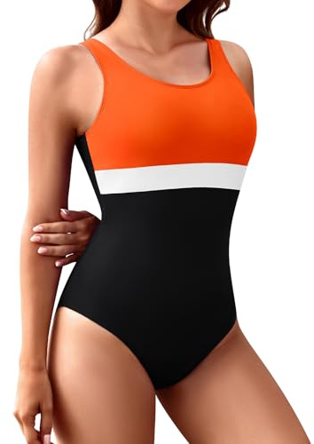 FemiChic Costume Intero da Bagno Donna Sportivo con Coppe Addominali Contenitivo Resistenza al Cloro per Sport Acquatici Moda Spiaggia(Arancio,M)