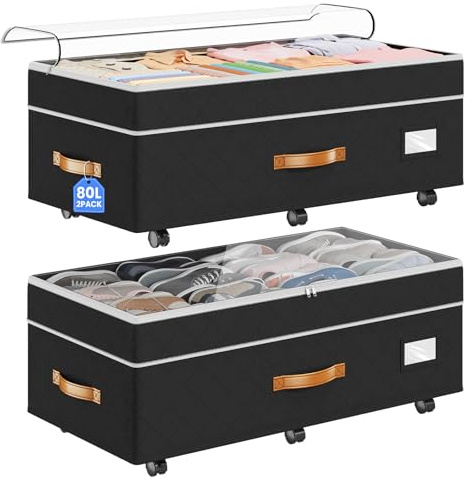 Budding Joy Under Bed Storage with Wheels 2Pack, 80L Height Adjustable Underbed Containers with Clear Lids, Rolling Under Bed Shoe Storage Organizer for Dorm Home Clothes, Blankets, Toys, Black