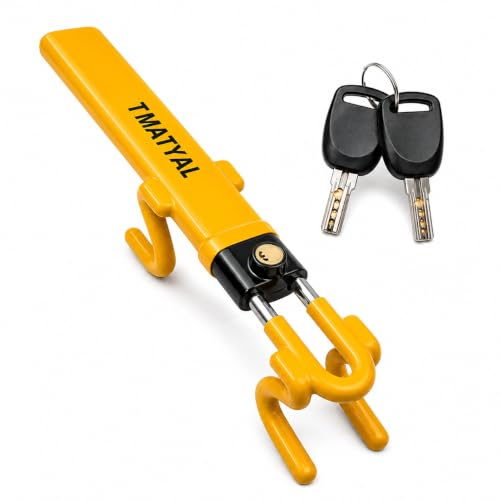 T MATYAL Steering Wheel Lock Twin Bar, Car Steering Wheel Lock Anti Theft Heavy Duty, Universal Steering Lock High Visibility Yellow Fit for Cars, SUVs, Vans, Caravans with 2 Keys