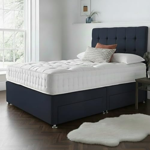 STONEGATE BEDS Single Bed Set 3 FT with 10 Inch Orthocare Memory Mattress - Black Divan bed Single 3ft with mattress and headboard and 2 drawers with Chrome Glider Feet 3FT Single Bed - Black Leather