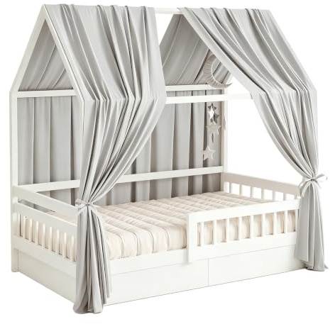 Hausbett Himmel, Betthimmel Hausbett Musselin Mit 2 StüCk Betthimmel, Stoffhimmel FüR Hausbetten MäDchen Jungen Baldachin Kinderbett Kinderzimmer Hausbett Deko - 135 x 350 cm Hellgrau