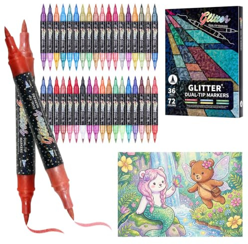 Glitzerstifte 72 Farben Doppelspitze, Brush Pen Marker für Karten & DIY | 2 Glitzerfarben pro Doppelspitze, schnell trocknend, ungiftig, für Bullet Journal, Scrapbooking & Grußkarten als Geschenk