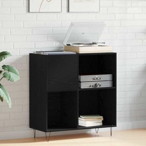 QUAHEAS Schallplattenschrank Schwarz Eichen-Optik aus Holzwerkstoff 85 x 38 x 89 cm mit 4 Regalen und Metallbeinen, Stauraum für Wohnzimmer, Büro, Aufbewahrung für Schallplatten, Bücher, HiFi Rack