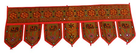 indischerbasar.de Türbehang Toran Khaki 7 Lamellen Baumwolle Spiegeln Blumen Regalbehang Indien