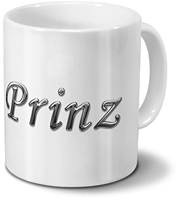 printplanet Tasse mit Namen Prinz - Motiv Chrom-Schriftzug - Namenstasse, Kaffeebecher, Mug, Becher, Kaffeetasse - Farbe Weiß