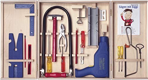 Pebaro 408PL Qualitäts-Laubsägeschrank, 28 Teile, komplettes Set im Holzschrank, Stahlwerkzeuge, Laubsägebogen made in Germany, Bohrmaschine, Basteln mit Holz, Laubsägen, Geschenkidee für Kinder