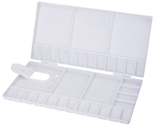 Watercolor Palette Folding Paint Tray Plastic Painting Pallet with 33 Compartments, Thumbhole and Brush Holders, White