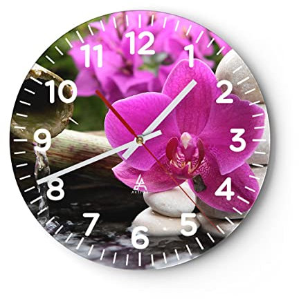 Modern Wanduhr Orchidee Bambus Dekoration Spa 30x30cm Rund Klein Wand Uhr Glas Analog Zimmeruhren Küche Büro Wohnzimmer Glasuhr Wall Clock Dekoration Design Wanddekoration Küchenuhr C4AR30x30-2666