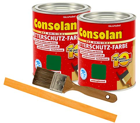 Consolan Wetterschutzfarbe deckend / 2x 0,75L / Holzschutzfarbe Holzfarbe bis zu 10 Jahre wetterbeständig für Holz und Zink Außen inkl. Pinsel & Rührstab (grün 206)