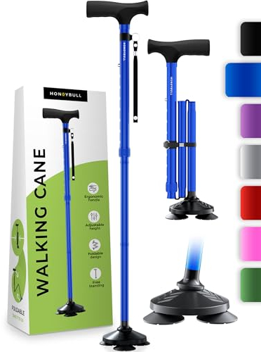 HONEYBULL Selbststehender Gehstock für jedes Gelände – Faltbar, höhenverstellbar, mit ergonomischem Griff & Rutschfester Drehspitze – für Senioren & Erwachsene, Männer & Frauen (Blau)