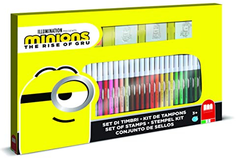 Multiprint Set 3 Timbri per Bambini e 36 Pennarelli Colorati Minions 2, Made in Italy, Set Timbrini Bimbi, in Legno e Gomma Naturale, Inchiostro Lavabile Atossico, Idea Regalo, Art.57896