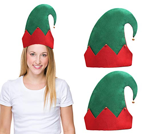 BELLE VOUS Weihnachten Elfe Mütze mit Glöckchen (3er Pack) 28x27cm Grüner Filz Hut mit Rotem Zickzack-Design an der Krempe für Erwachsene - Weihnachtskostüm Kostümparty Elfenkostuem Geschenk