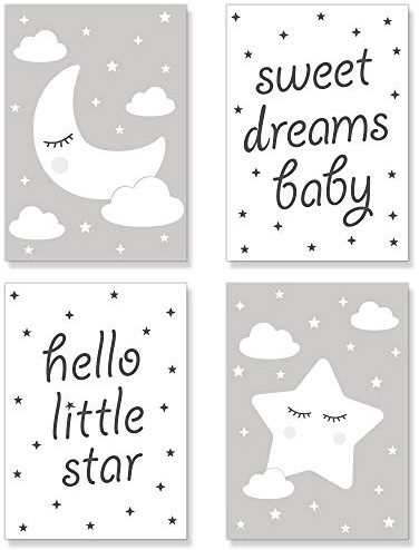 PREMYO Bilder Kinderzimmer Deko Mädchen Jungen - Poster Set Babyzimmer - Wandbilder Schlafzimmer Mond Stern Grau DIN A4