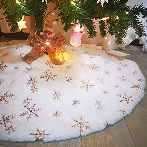 Plüsch Weihnachtsbaum Rock, Weißer Weihnachtsbaum Röcke mit Schneeflocke Pailletten Weihnachtsbaumdecke Christbaumständer Teppich Decke Dekoration für Frohe Weihnachten Neujahrsparty (Golden,140cm)