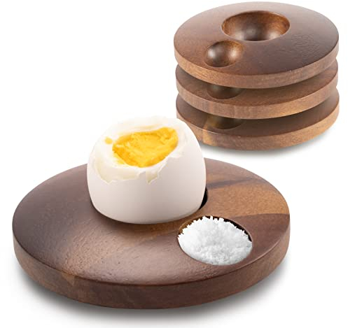 Gerlich® Juego de 4 hueveras de madera de acacia, sostenibles, modernas y duraderas, hueveras con aspecto de nogal para un desayuno especialmente elegante, ideal para cada día
