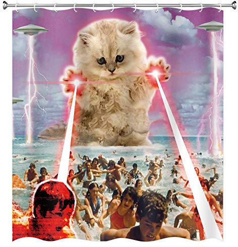 Lustiger Alien-Kätzchen-Duschvorhang, UFO am Strand, zum Fangen von menschlichen Duschvorhängen, wasserdichtes Polyestergewebe, Badezimmerdekoration, Badvorhänge mit 12 Haken (69 x 70 L)