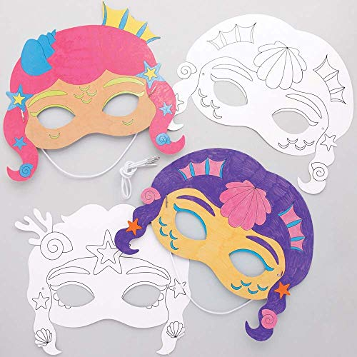 Baker Ross FE188 Meerjungfrau Maske zum Ausmalen für Mädchen - 10er Pack, Kindermasken Bastelset zum Bemalen und Dekorieren, Ideal für den Kindergeburtstag, 22cm, Weiß