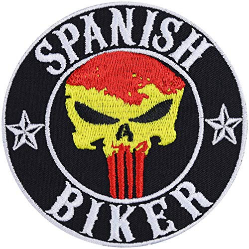 Parches ropa termoadhesivos Spanish Biker Patch Biker Iron-on Bandera de España | Parche Jeans Regalo Aplique Motociclista para Accesorios de Moto Barcos Funda de Moto | 90x90mm