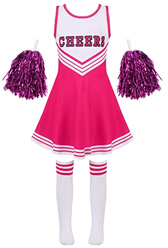 Alvivi Cheer Leaderin Kostüm Kinder Mädchen Cheerleading Schulmädchen Uniform Kleid mit Pompoms Socken Halloween Fasching Partykleid Dunkel Rosa 134-140