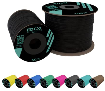 EdcX 2 mm Nylon Paracord 275 (50 und 100 m) – 100% Nylonseil, 3-adrige Schnur, Nylonschnur 2 mm in vielen Farben (Black, 50 m)