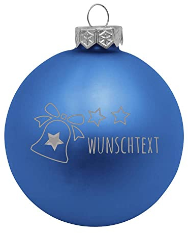 Deitert Weihnachtskugel mit Wunschtext Gravur, Ø 8cm, personalisierte Christbaumkugel aus Glas (matt), Individueller Weihnachtsbaumschmuck Namen oder Spruch, Glocken-Motiv, Blau