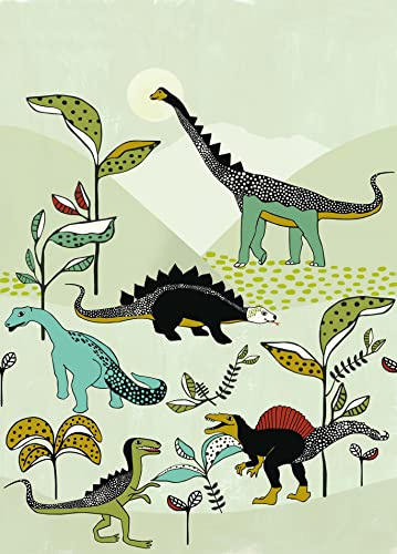 Rasch Tapete 557695 - Bunte Fototapete für Kinder mit Dinosauriern auf grünem Hintergrund - Onszelf Stories - 280cm x 200cm (LxB)