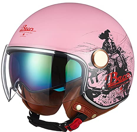 Offener Helm, Motorrad, 3/4-Halbhelme, Motorradhelm mit Sonnenblende, Retro-Vintage-Stil, Jethelm, Moped, Roller-Helm, DOT ECE-zertifiziert für Jugendliche, Männer und Frauen, mattes Pink, M