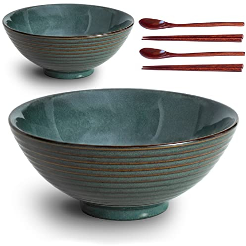 Auanlay 8 Inch Ceramic Ramen Bowl Set of 2 Japanese Ramen Bowls with Spoons and Chopsticks for Pho Udon Asian Soup Noodle, Green