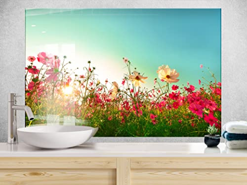 Myphotostation Pink Daisy Tempered Glass Backsplash 70WX43H'' Floral Splashback for Kitchen Decor Bathroom Wall Protector Stove Backsplash Panel Tile Glass Splashback
