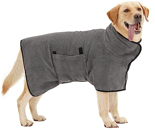 HezzLuv Bademantel für Hunde, Hundebademantel aus Mikrofaser für mittlere und große Hunde, super saugfähiger Haustier Trockenmantel, ganzjahres schnell trocknendes Hundehandtuch (Grau,S)